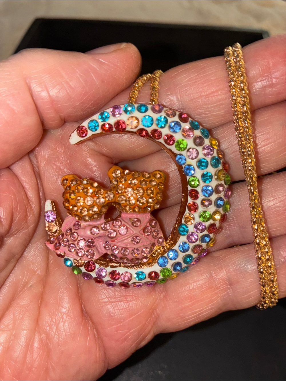 Gold-Tone Crescent Necklace with Multicolor Crystals and Pink Bear Accent